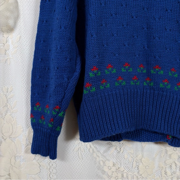 Vintage 60s Floral Wool Sweater Cardigan Blue Red Green Cottagecore Size Small - Picture 8 of 9